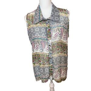 Lavish Button Down Sheer Multi Pattern Sleeveless Blouse  Size Medium